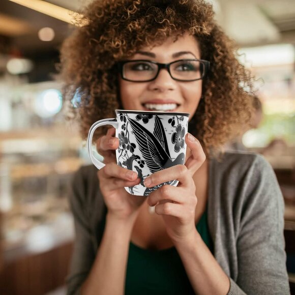 Gifts 16 oz Black and White Boho Mug Hummingbird - Cute Coffee and Tea Mug - Cer - Picture 2 of 8